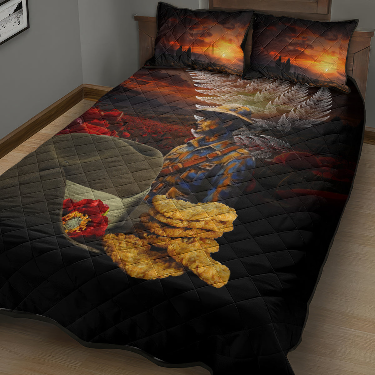 Slouch Hat and Biscuits ANZAC Quilt Bed Set with Soldier Silver Fern