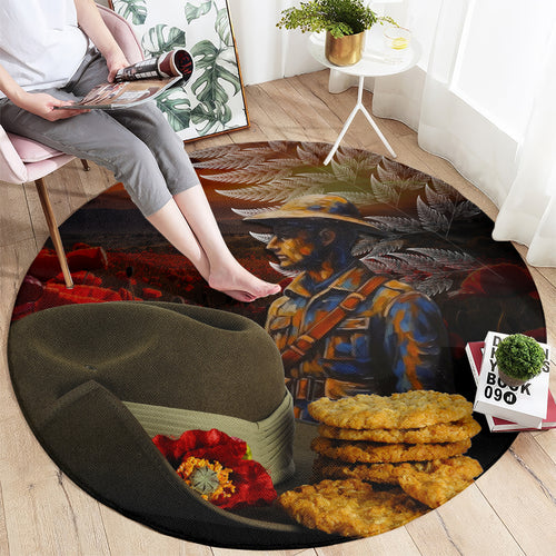 Slouch Hat and Biscuits ANZAC Round Carpet with Soldier Silver Fern