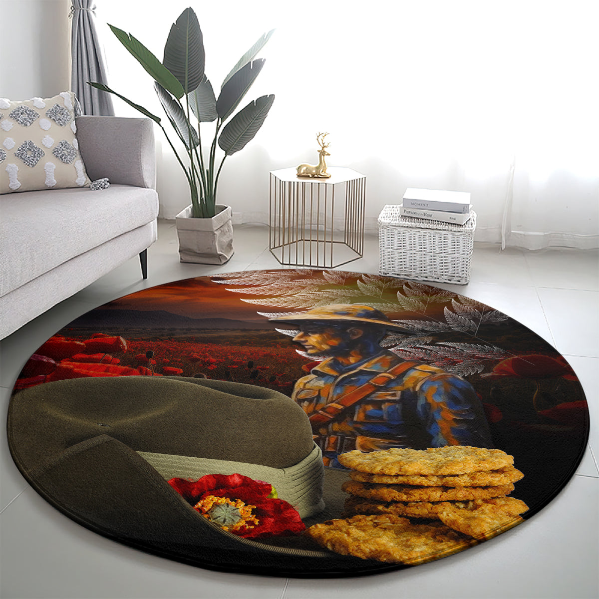 Slouch Hat and Biscuits ANZAC Round Carpet with Soldier Silver Fern