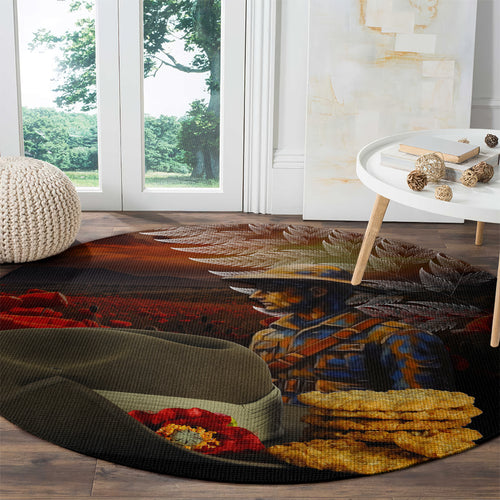 Slouch Hat and Biscuits ANZAC Round Carpet with Soldier Silver Fern