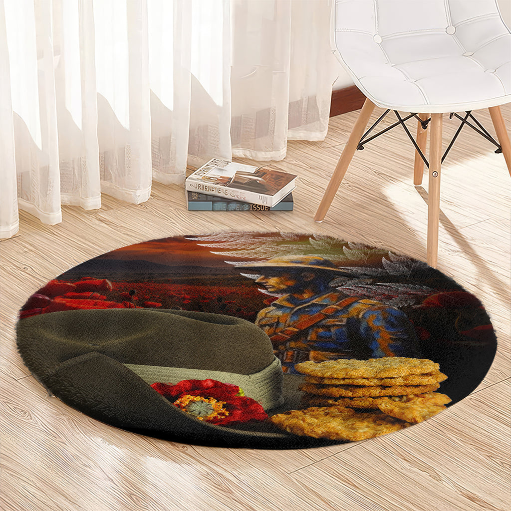 Slouch Hat and Biscuits ANZAC Round Carpet with Soldier Silver Fern