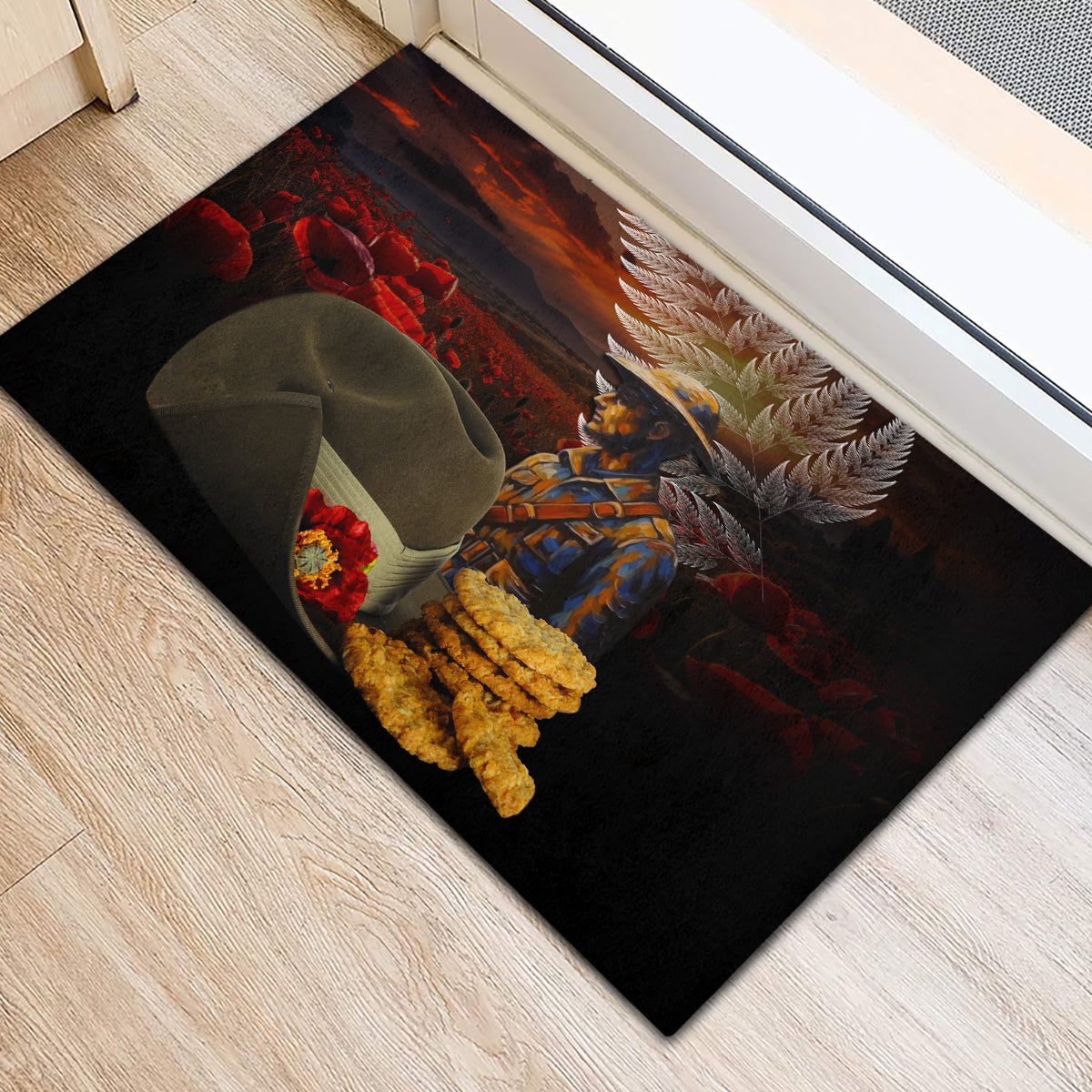 Slouch Hat and Biscuits ANZAC Rubber Doormat with Soldier Silver Fern