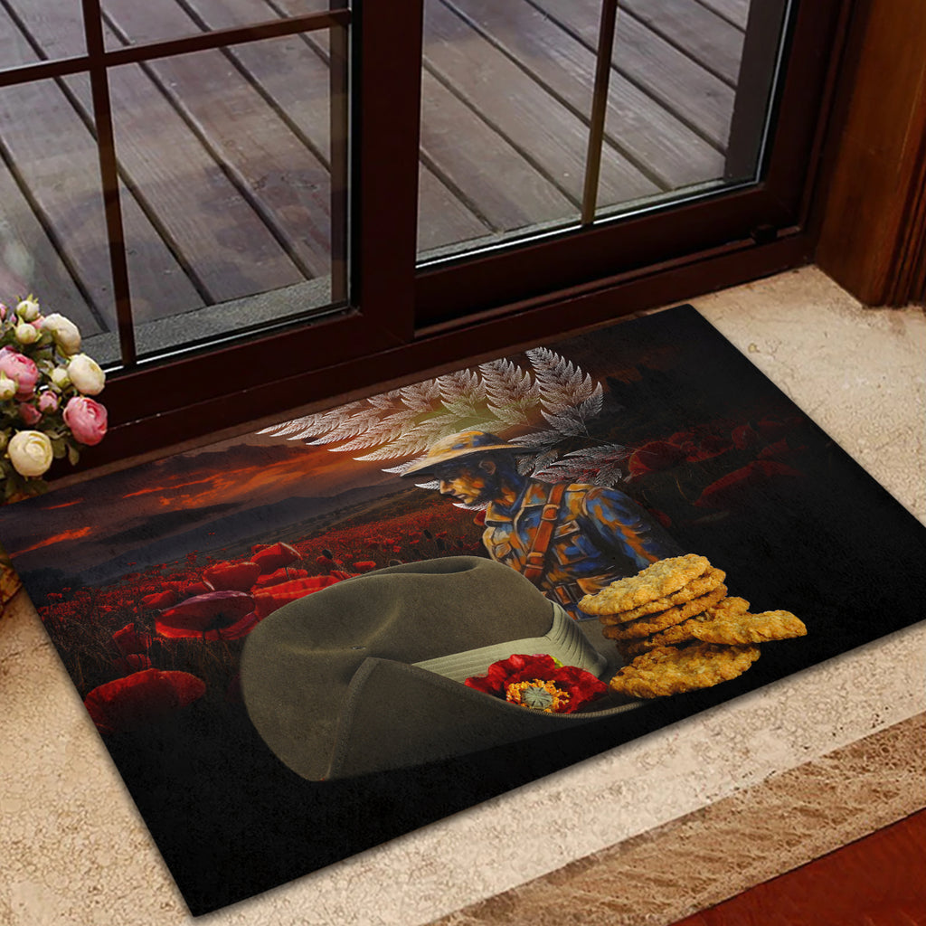 Slouch Hat and Biscuits ANZAC Rubber Doormat with Soldier Silver Fern