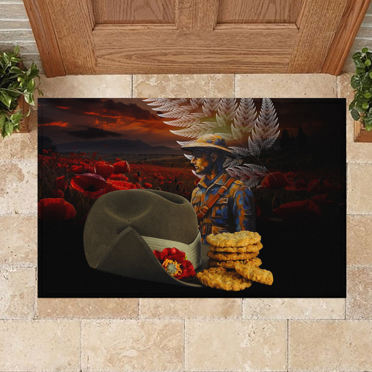 Slouch Hat and Biscuits ANZAC Rubber Doormat with Soldier Silver Fern