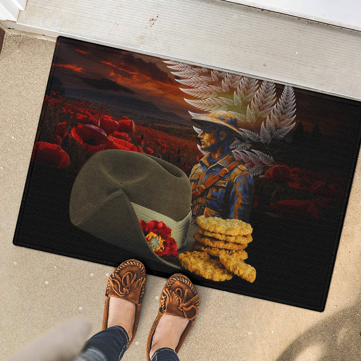 Slouch Hat and Biscuits ANZAC Rubber Doormat with Soldier Silver Fern