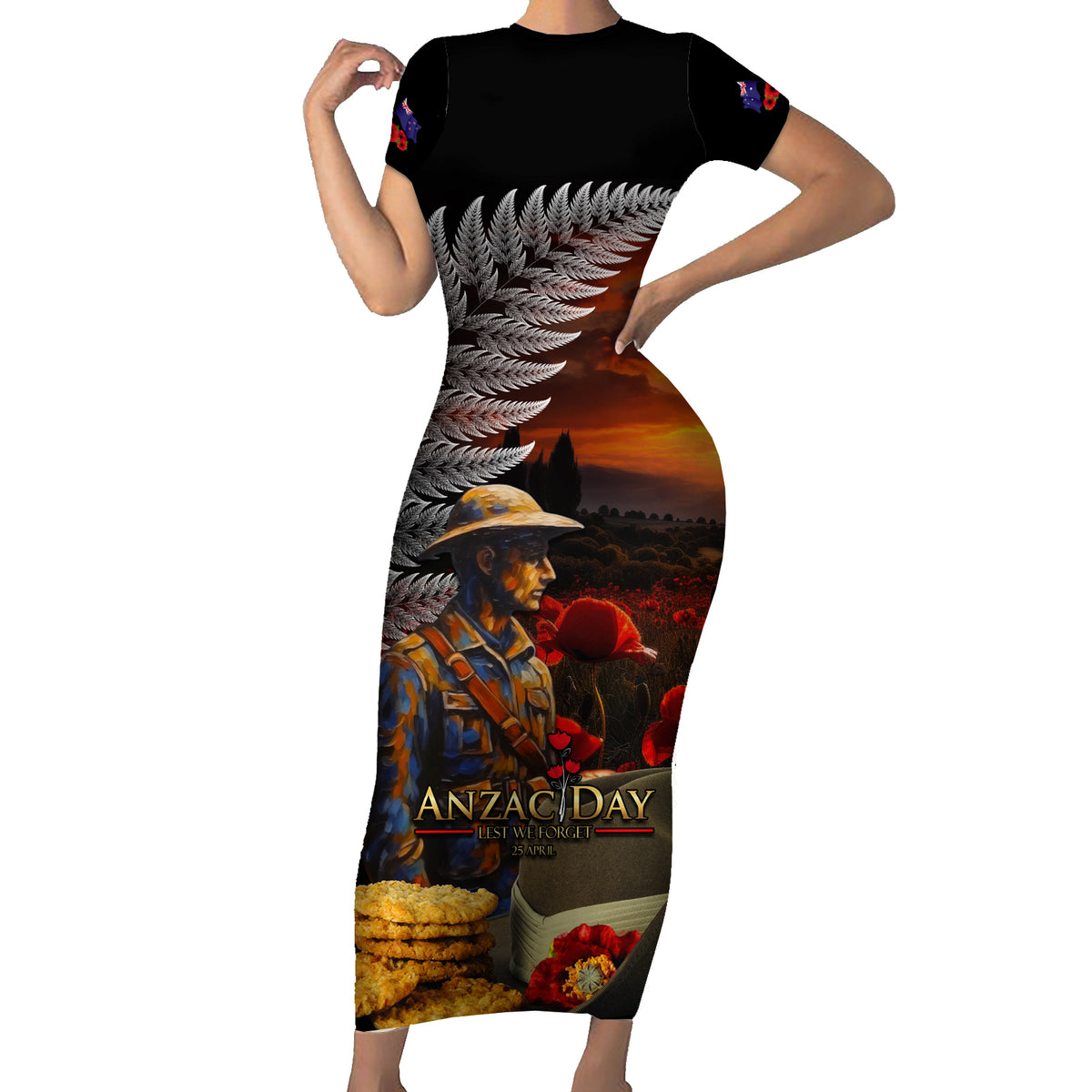 Slouch Hat and Biscuits ANZAC Short Sleeve Bodycon Dress with Soldier Silver Fern