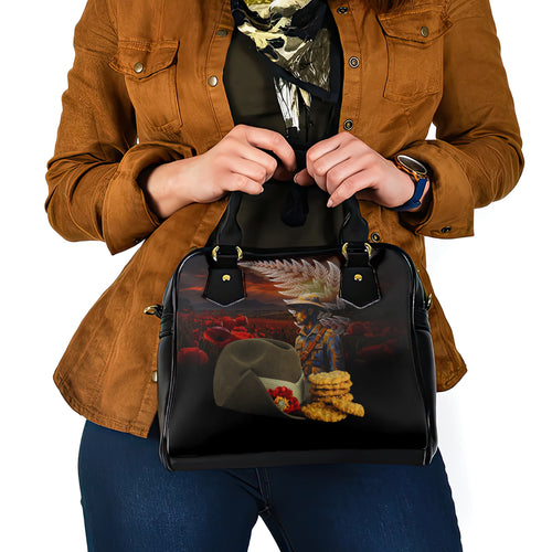 Slouch Hat and Biscuits ANZAC Shoulder Handbag with Soldier Silver Fern