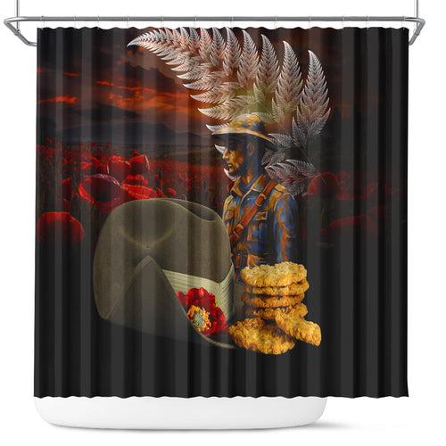 Slouch Hat and Biscuits ANZAC Shower Curtain with Soldier Silver Fern