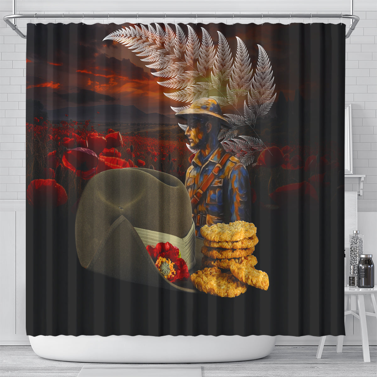 Slouch Hat and Biscuits ANZAC Shower Curtain with Soldier Silver Fern