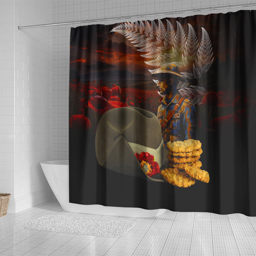 Slouch Hat and Biscuits ANZAC Shower Curtain with Soldier Silver Fern