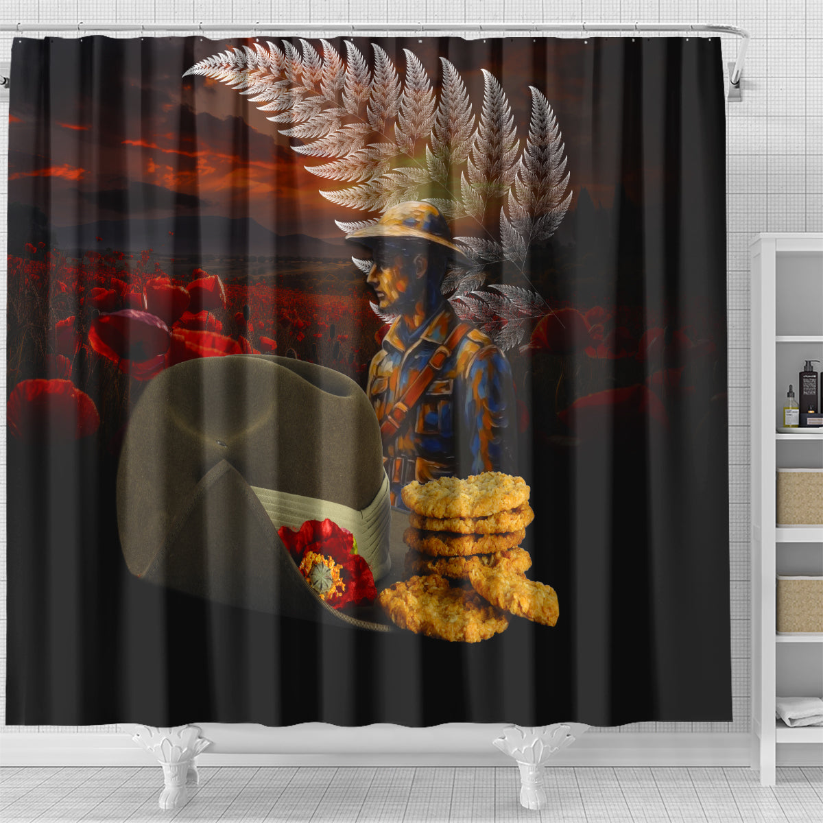 Slouch Hat and Biscuits ANZAC Shower Curtain with Soldier Silver Fern