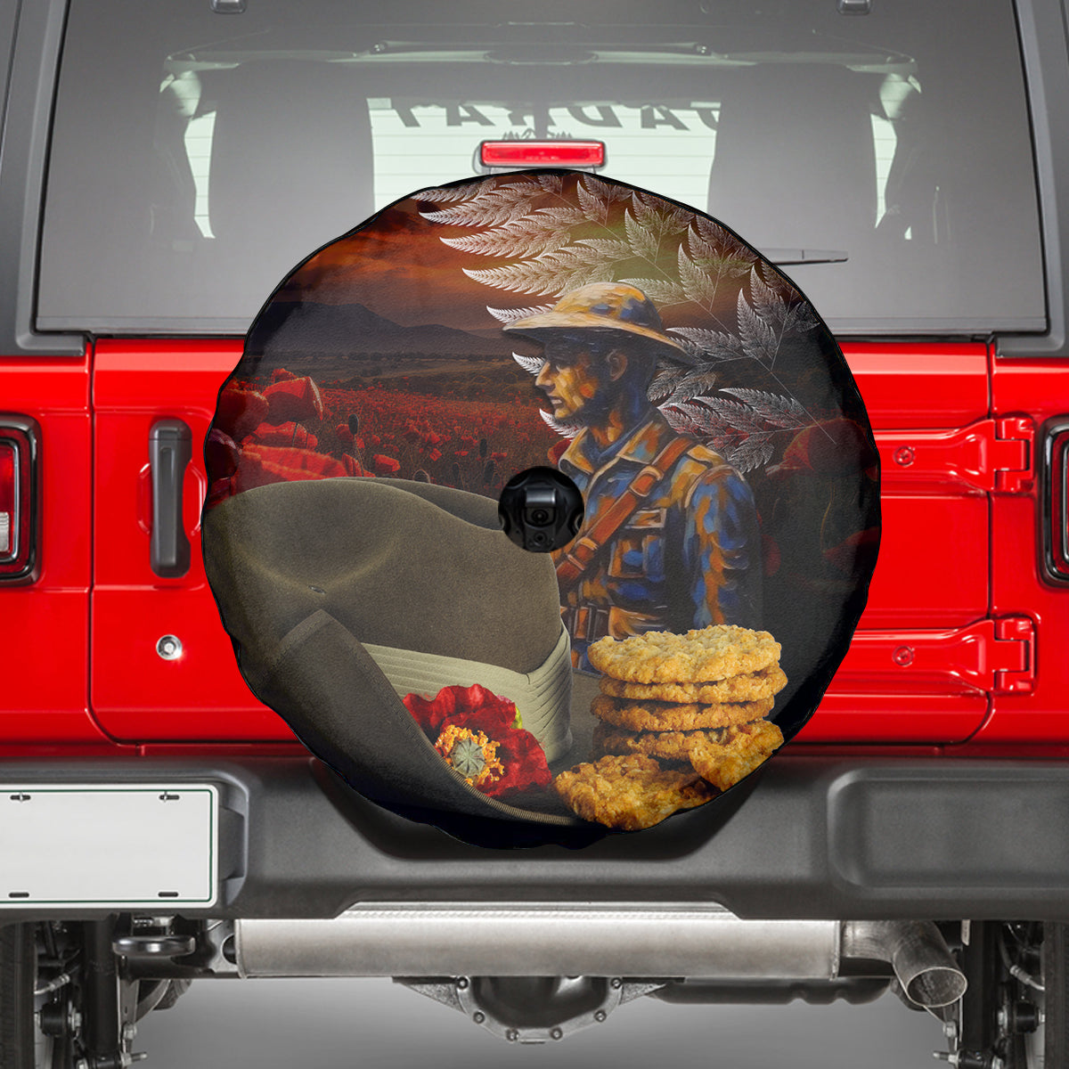 Slouch Hat and Biscuits ANZAC Spare Tire Cover with Soldier Silver Fern