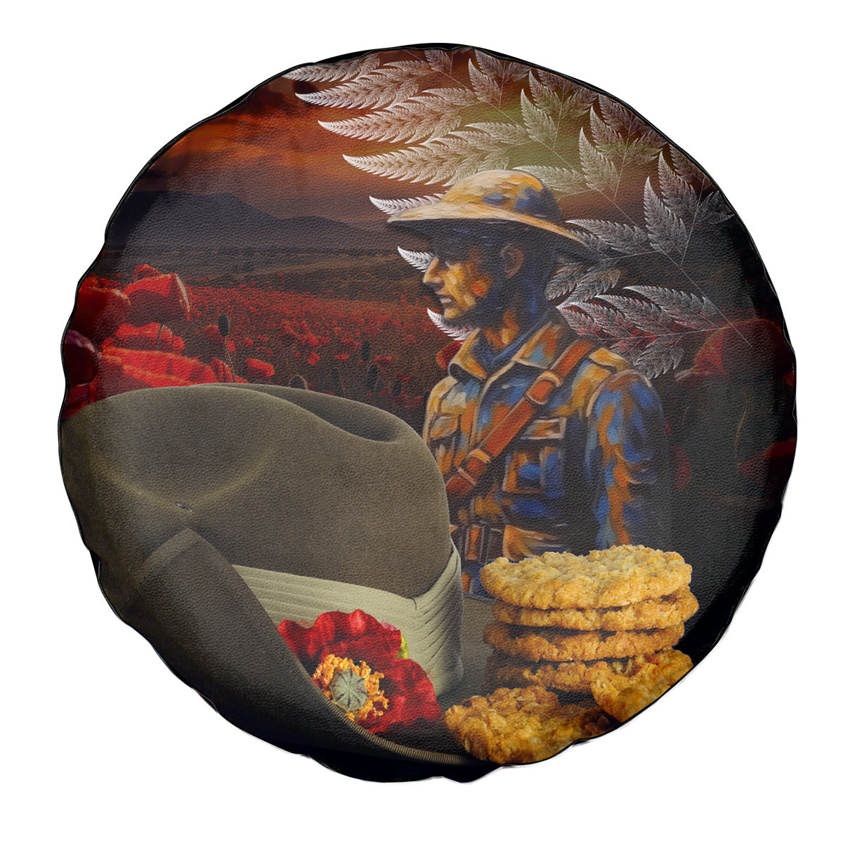 Slouch Hat and Biscuits ANZAC Spare Tire Cover with Soldier Silver Fern