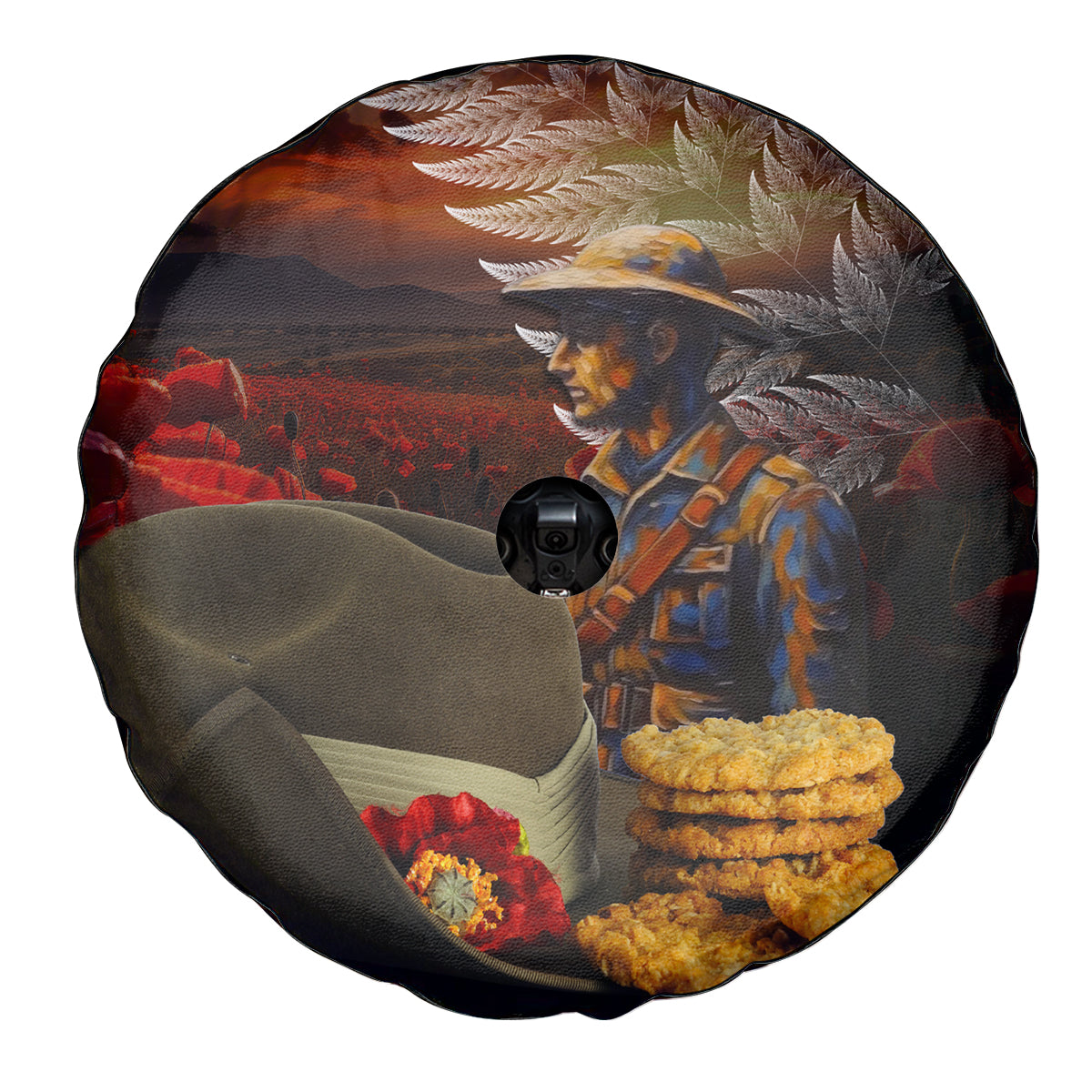 Slouch Hat and Biscuits ANZAC Spare Tire Cover with Soldier Silver Fern