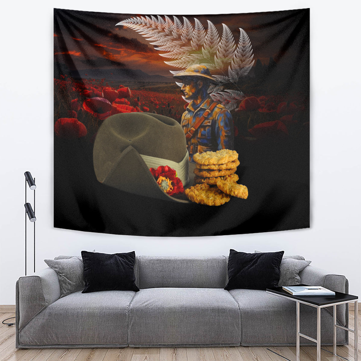 Slouch Hat and Biscuits ANZAC Tapestry with Soldier Silver Fern