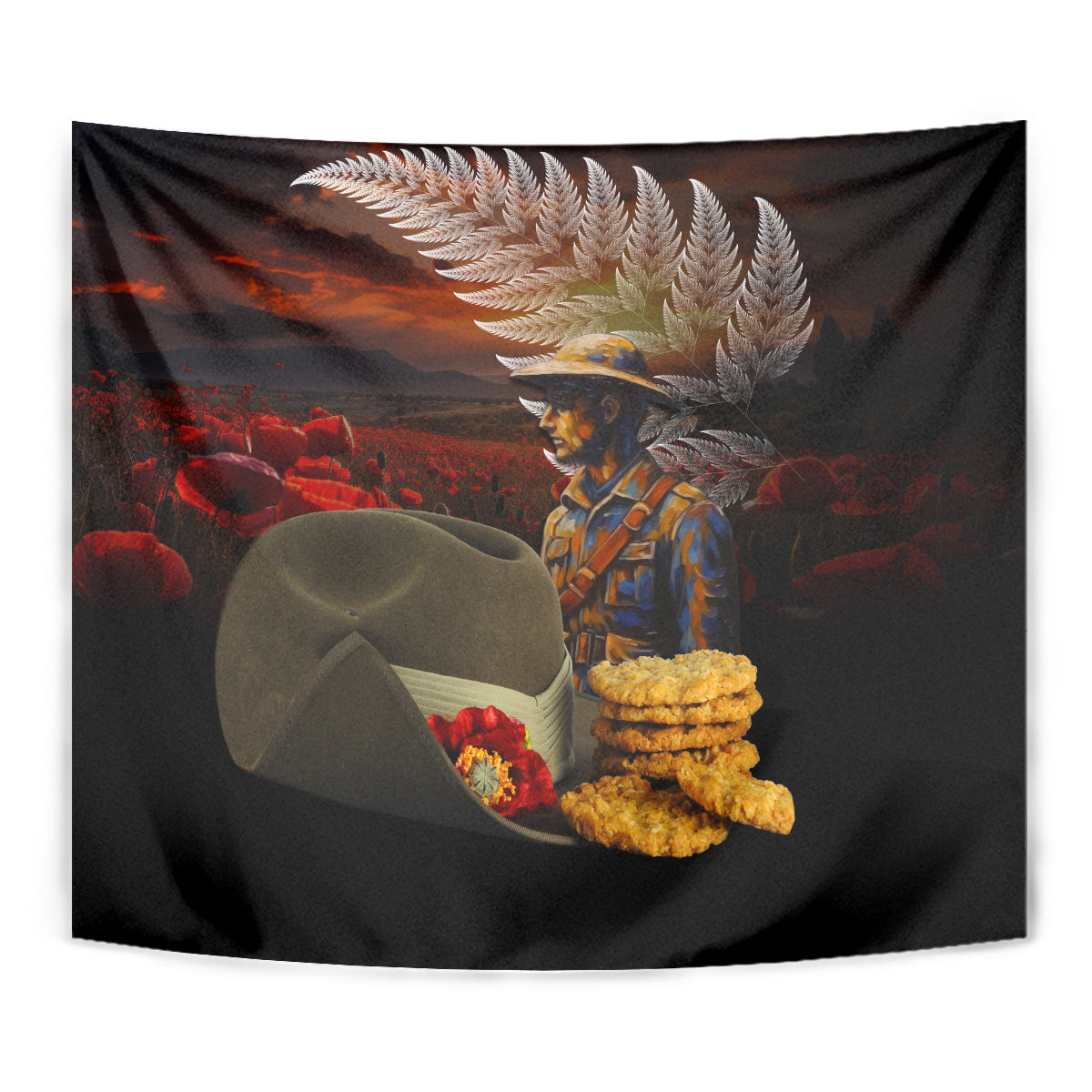 Slouch Hat and Biscuits ANZAC Tapestry with Soldier Silver Fern