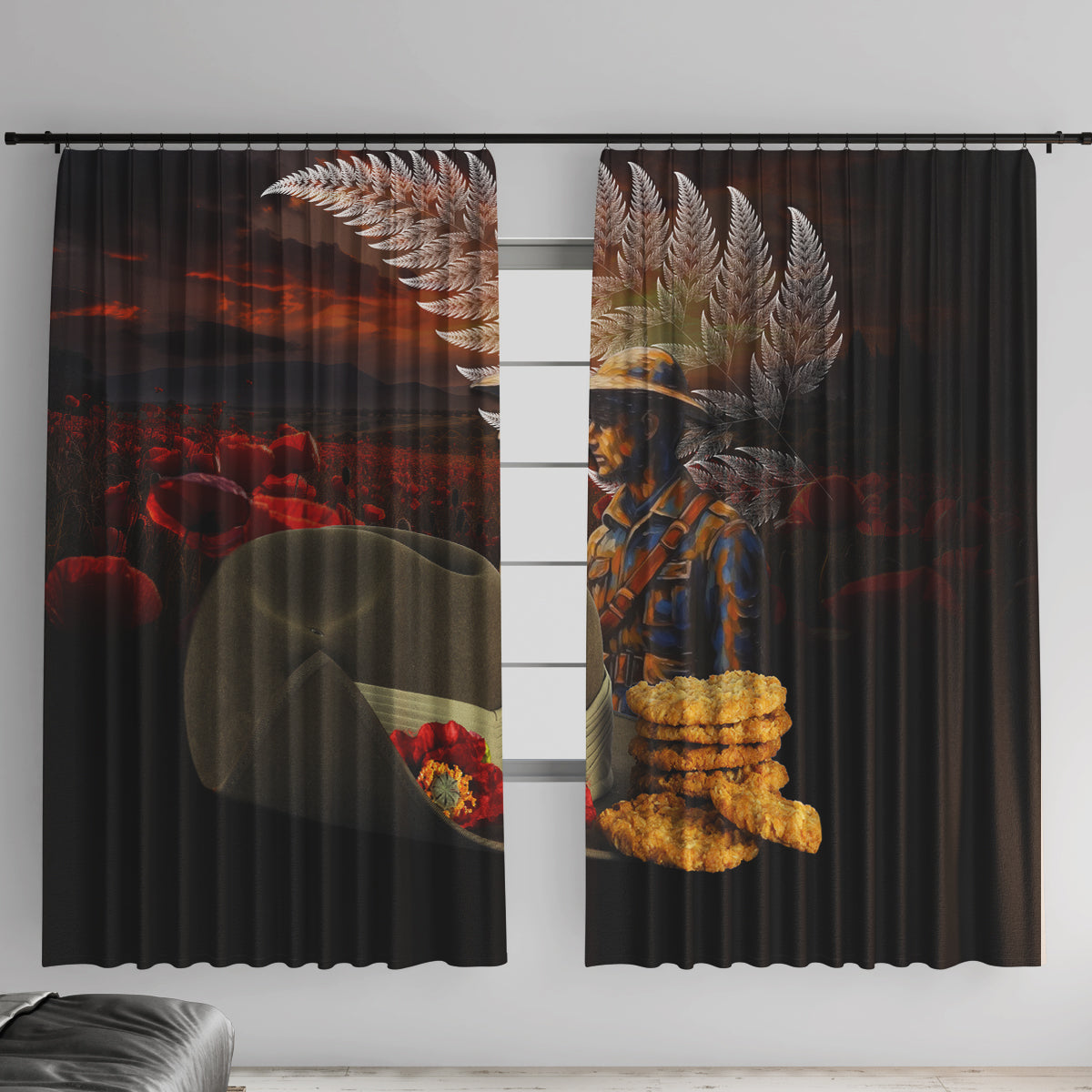 Slouch Hat and Biscuits ANZAC Window Curtain with Soldier Silver Fern