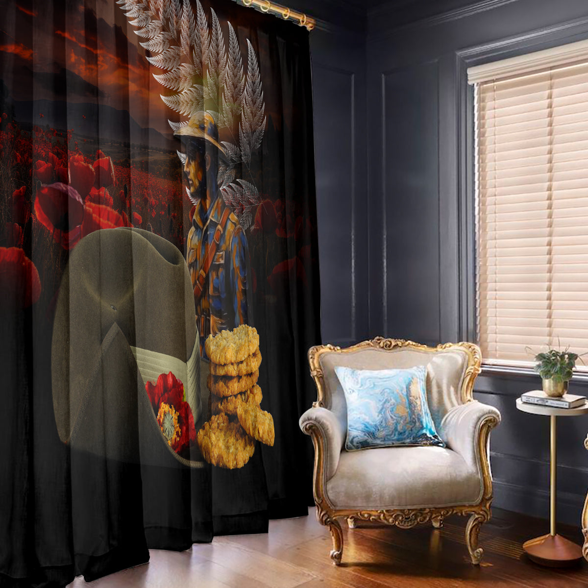 Slouch Hat and Biscuits ANZAC Window Curtain with Soldier Silver Fern