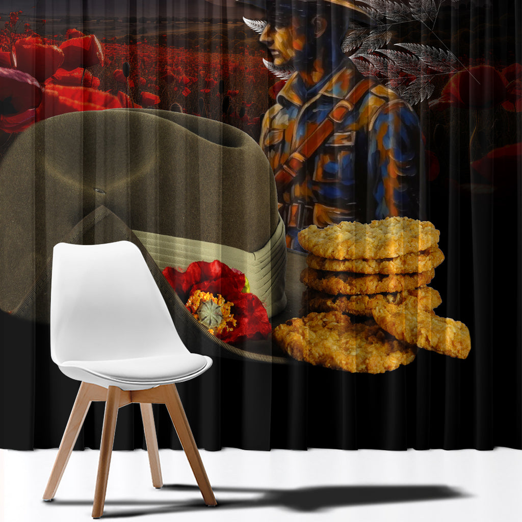 Slouch Hat and Biscuits ANZAC Window Curtain with Soldier Silver Fern