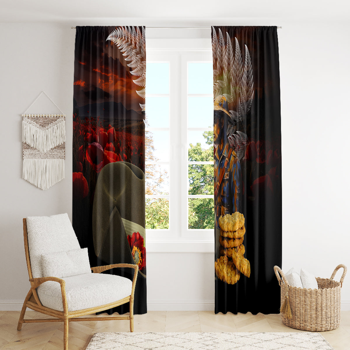 Slouch Hat and Biscuits ANZAC Window Curtain with Soldier Silver Fern