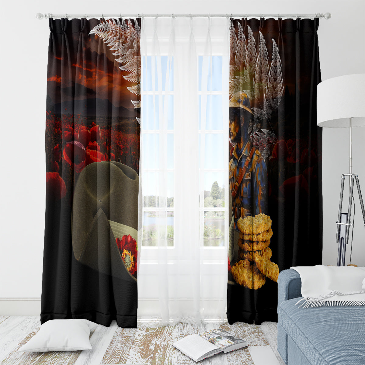 Slouch Hat and Biscuits ANZAC Window Curtain with Soldier Silver Fern