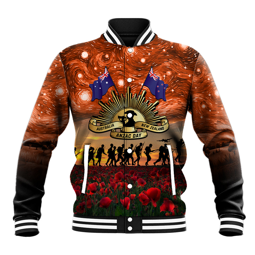 The Rising Sun Badge ANZAC Baseball Jacket Last Post Field of Poppy Starry Night Style