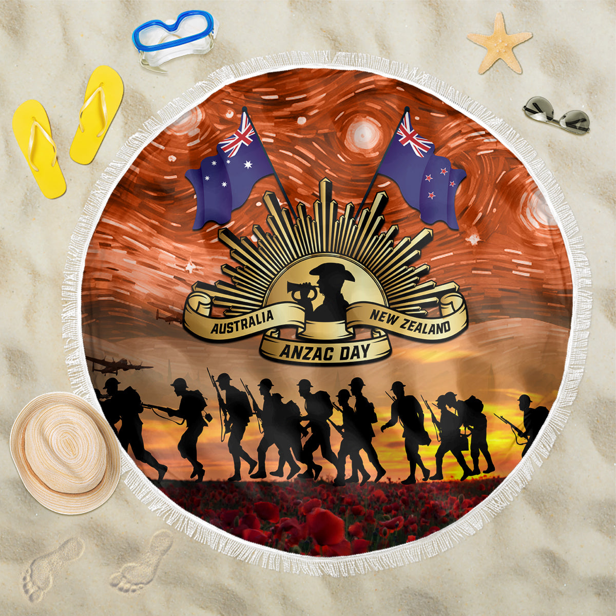 The Rising Sun Badge ANZAC Beach Blanket Last Post Field of Poppy Starry Night Style