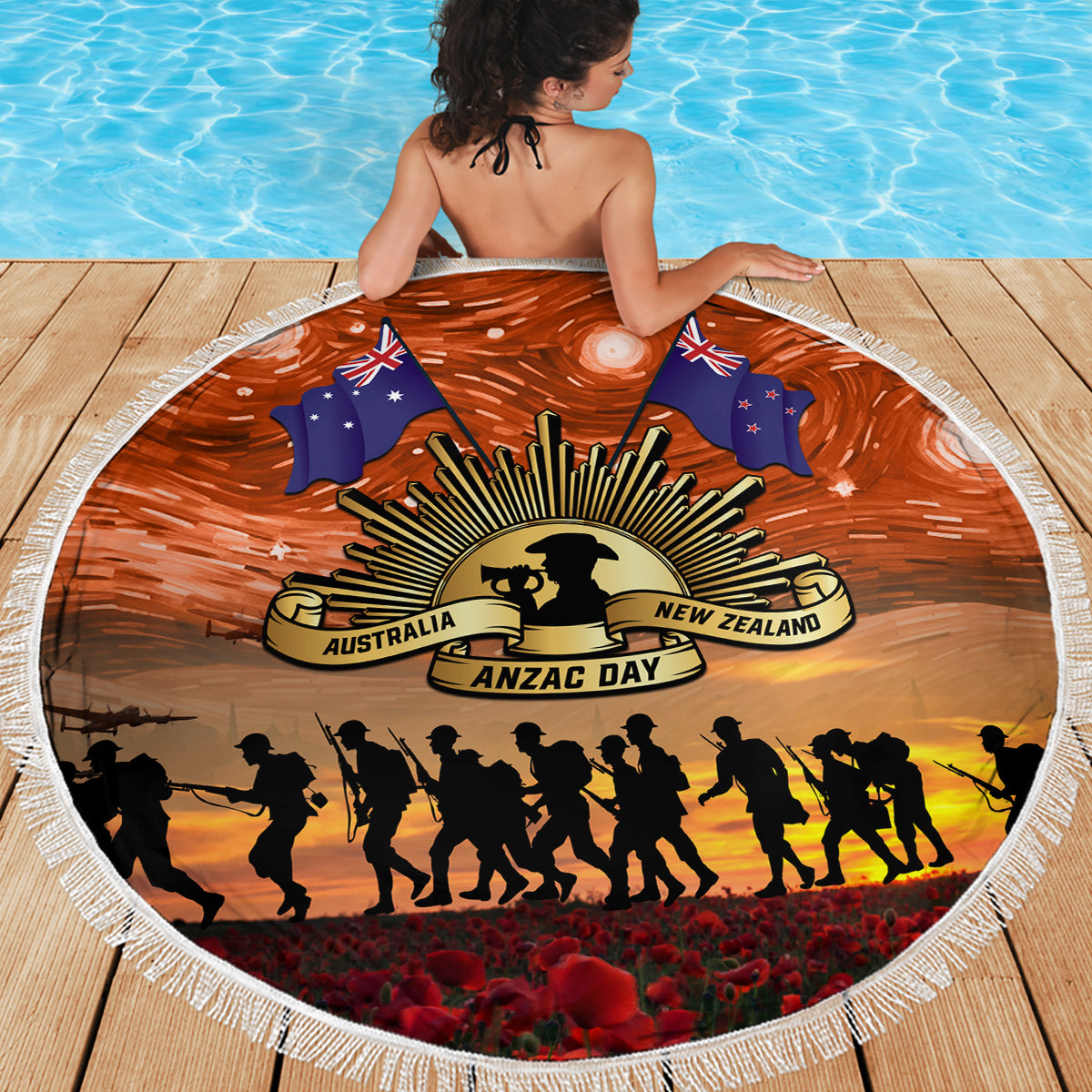 The Rising Sun Badge ANZAC Beach Blanket Last Post Field of Poppy Starry Night Style