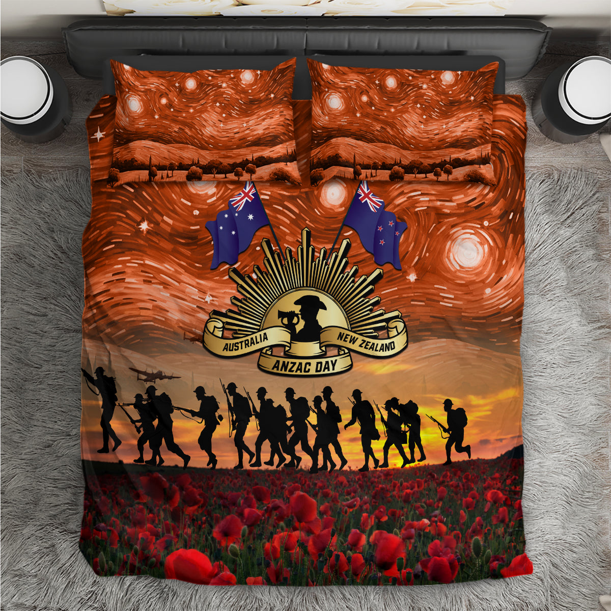 The Rising Sun Badge ANZAC Bedding Set Last Post Field of Poppy Starry Night Style