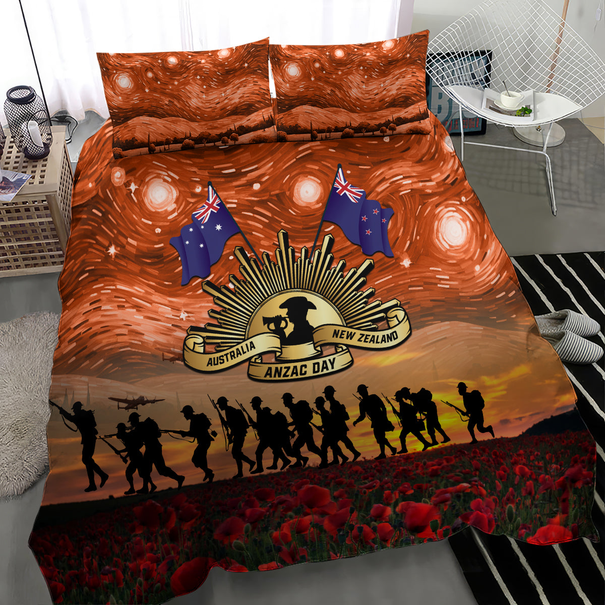 The Rising Sun Badge ANZAC Bedding Set Last Post Field of Poppy Starry Night Style