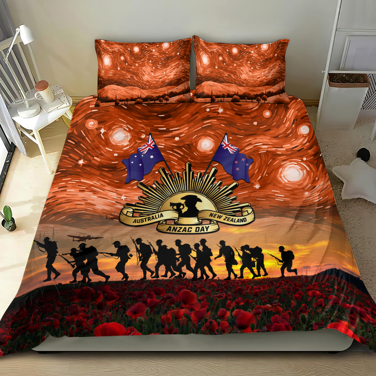 The Rising Sun Badge ANZAC Bedding Set Last Post Field of Poppy Starry Night Style