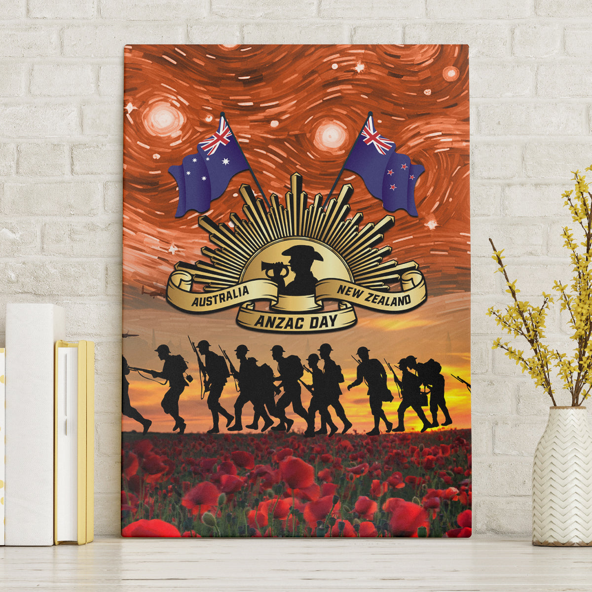 The Rising Sun Badge ANZAC Canvas Wall Art Last Post Field of Poppy Starry Night Style