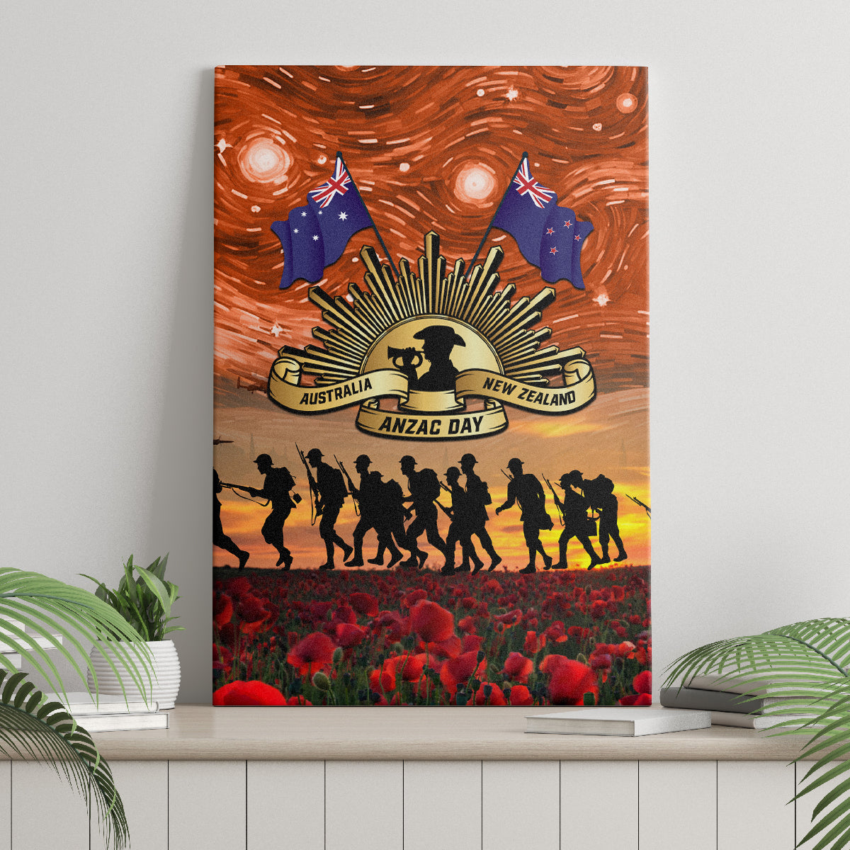 The Rising Sun Badge ANZAC Canvas Wall Art Last Post Field of Poppy Starry Night Style