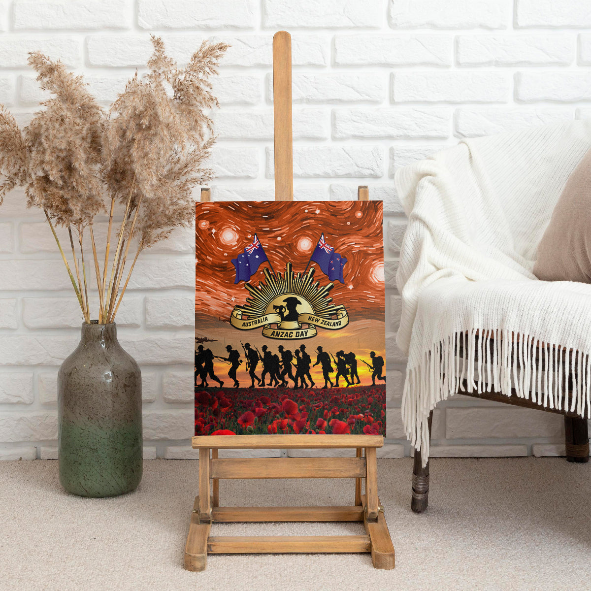 The Rising Sun Badge ANZAC Canvas Wall Art Last Post Field of Poppy Starry Night Style