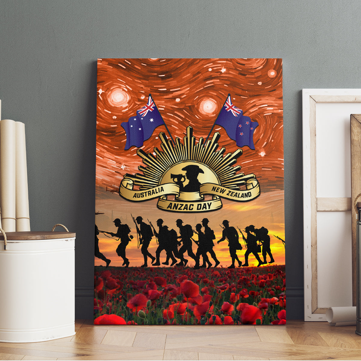 The Rising Sun Badge ANZAC Canvas Wall Art Last Post Field of Poppy Starry Night Style
