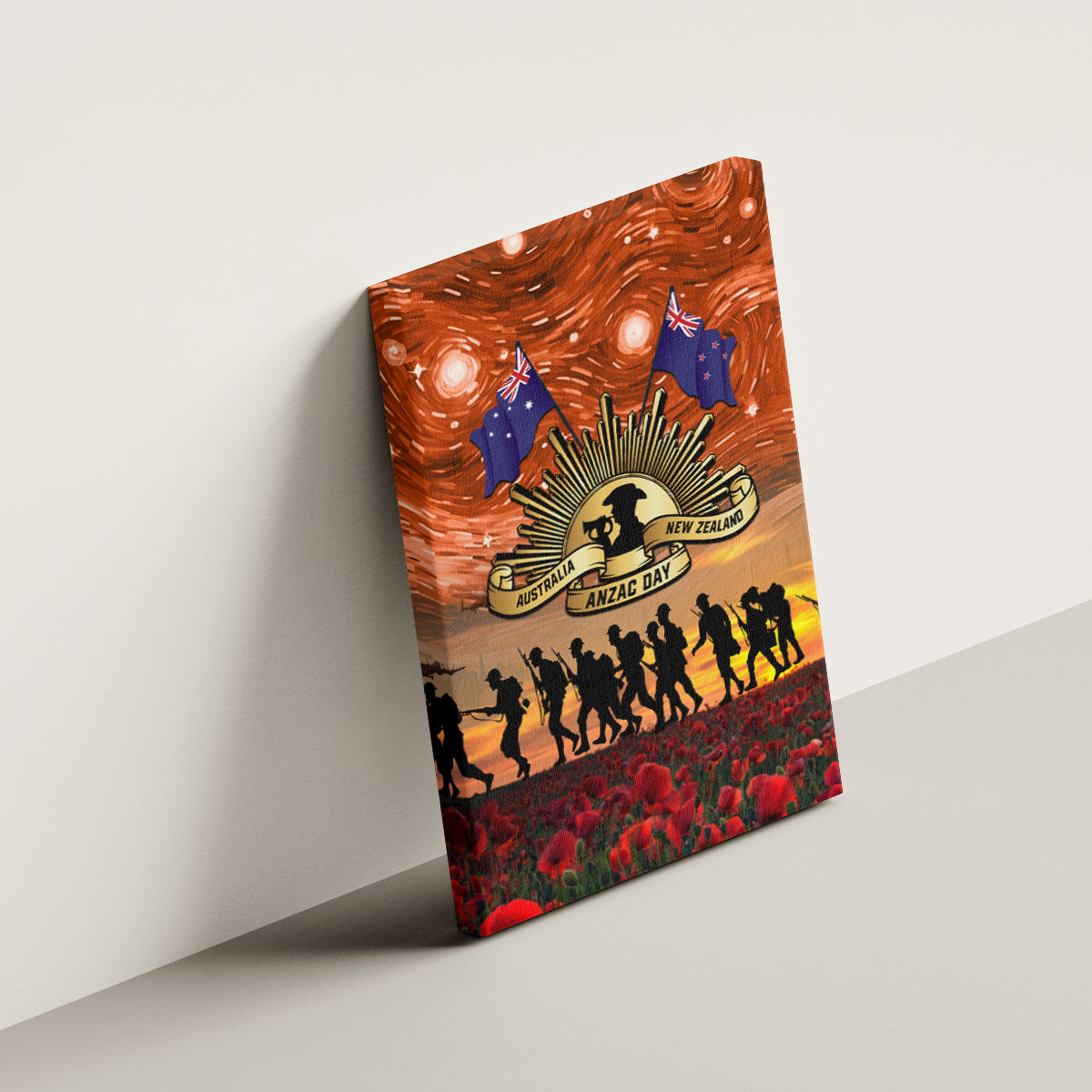 The Rising Sun Badge ANZAC Canvas Wall Art Last Post Field of Poppy Starry Night Style