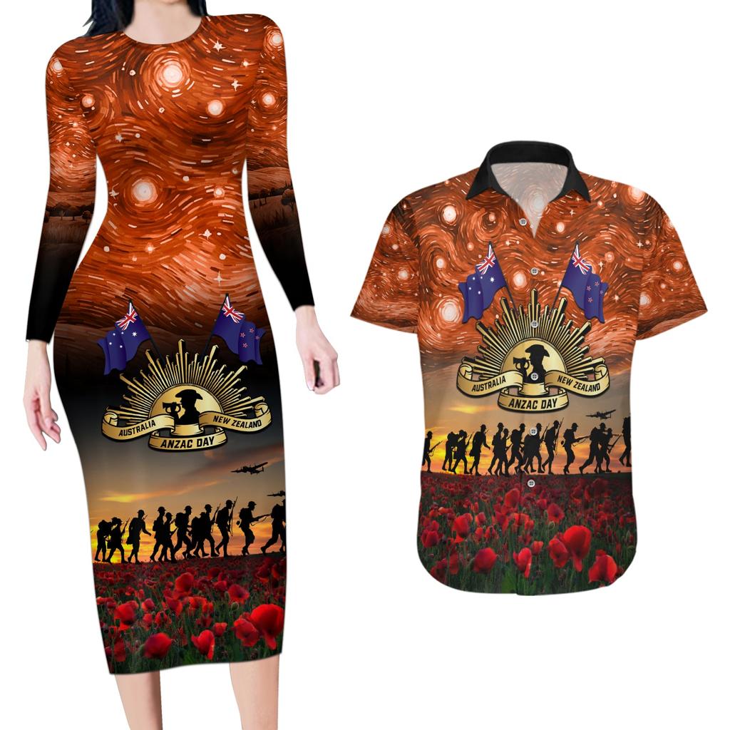 The Rising Sun Badge ANZAC Couples Matching Long Sleeve Bodycon Dress and Hawaiian Shirt Last Post Field of Poppy Starry Night Style