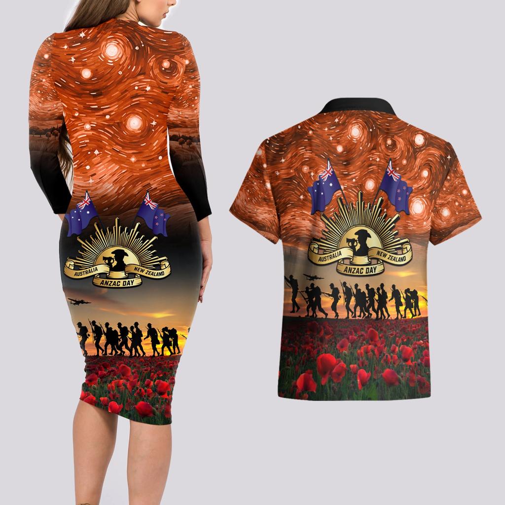 The Rising Sun Badge ANZAC Couples Matching Long Sleeve Bodycon Dress and Hawaiian Shirt Last Post Field of Poppy Starry Night Style