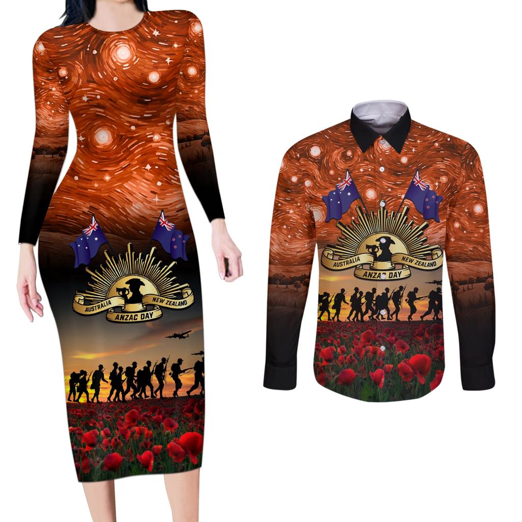 The Rising Sun Badge ANZAC Couples Matching Long Sleeve Bodycon Dress and Long Sleeve Button Shirt Last Post Field of Poppy Starry Night Style