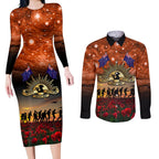 The Rising Sun Badge ANZAC Couples Matching Long Sleeve Bodycon Dress and Long Sleeve Button Shirt Last Post Field of Poppy Starry Night Style