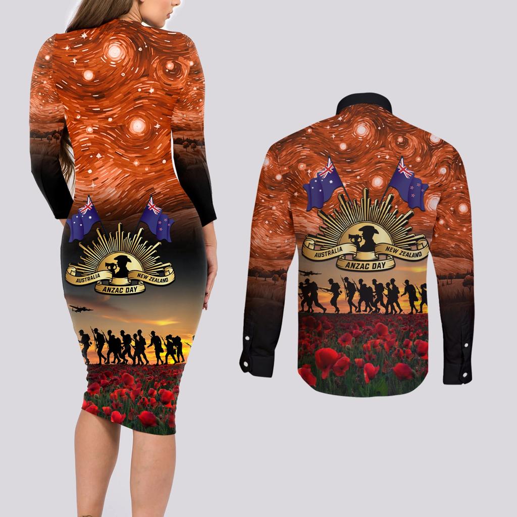 The Rising Sun Badge ANZAC Couples Matching Long Sleeve Bodycon Dress and Long Sleeve Button Shirt Last Post Field of Poppy Starry Night Style