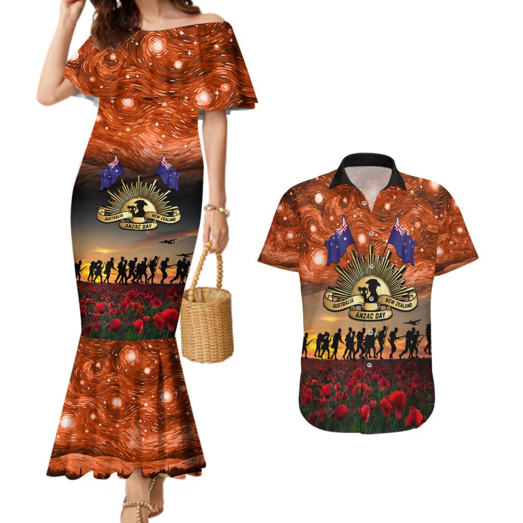 The Rising Sun Badge ANZAC Couples Matching Mermaid Dress and Hawaiian Shirt Last Post Field of Poppy Starry Night Style