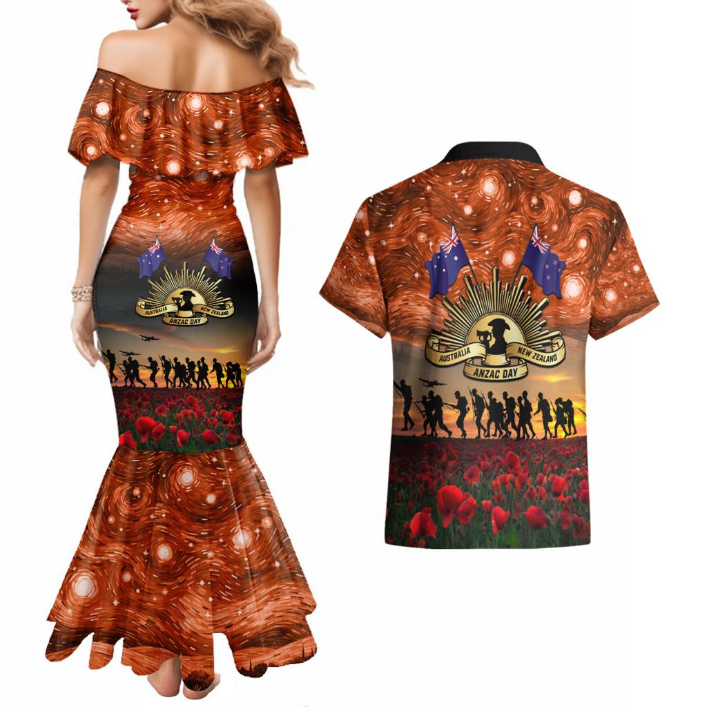 The Rising Sun Badge ANZAC Couples Matching Mermaid Dress and Hawaiian Shirt Last Post Field of Poppy Starry Night Style
