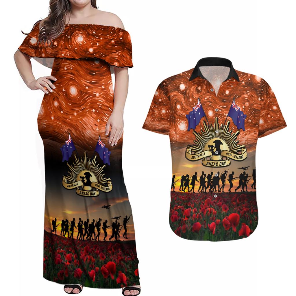 The Rising Sun Badge ANZAC Couples Matching Off Shoulder Maxi Dress and Hawaiian Shirt Last Post Field of Poppy Starry Night Style