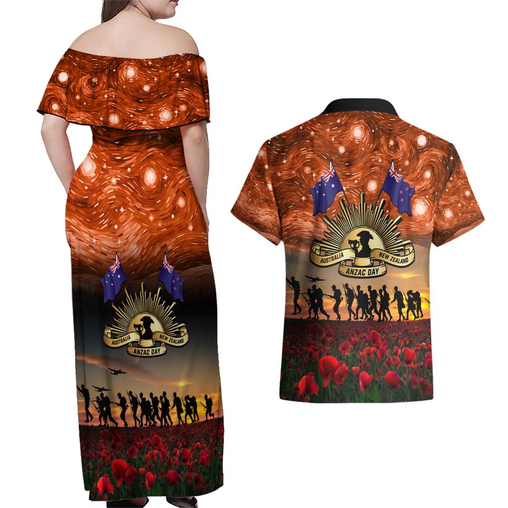 The Rising Sun Badge ANZAC Couples Matching Off Shoulder Maxi Dress and Hawaiian Shirt Last Post Field of Poppy Starry Night Style