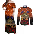 The Rising Sun Badge ANZAC Couples Matching Off Shoulder Maxi Dress and Long Sleeve Button Shirt Last Post Field of Poppy Starry Night Style