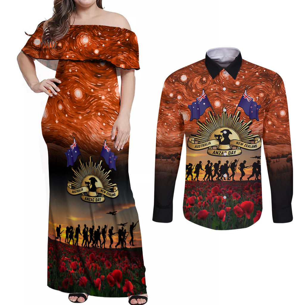 The Rising Sun Badge ANZAC Couples Matching Off Shoulder Maxi Dress and Long Sleeve Button Shirt Last Post Field of Poppy Starry Night Style