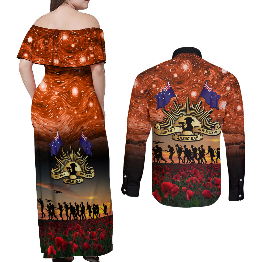 The Rising Sun Badge ANZAC Couples Matching Off Shoulder Maxi Dress and Long Sleeve Button Shirt Last Post Field of Poppy Starry Night Style