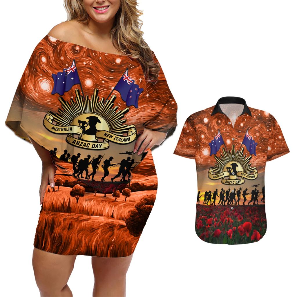 The Rising Sun Badge ANZAC Couples Matching Off Shoulder Short Dress and Hawaiian Shirt Last Post Field of Poppy Starry Night Style