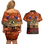 The Rising Sun Badge ANZAC Couples Matching Off Shoulder Short Dress and Hawaiian Shirt Last Post Field of Poppy Starry Night Style